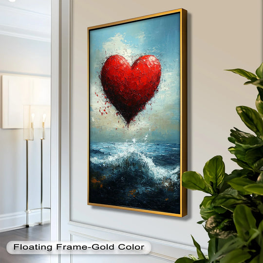 Focal point of the dramatic exploding red heart in this love oil painting, a vibrant example of oil painting home decor depicting a heart over ocean waves.
