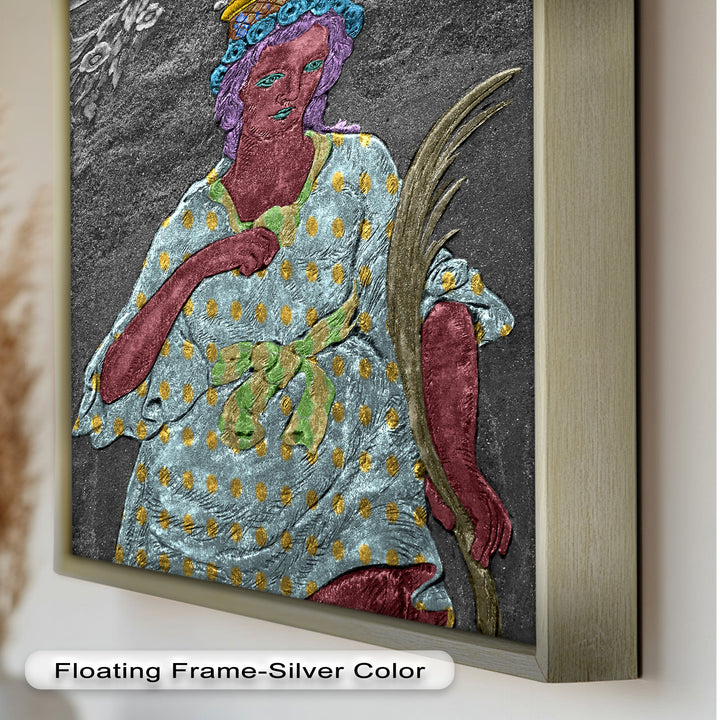 Geheiligte Blüte – Polychromes Engelrelief-Ölgemälde