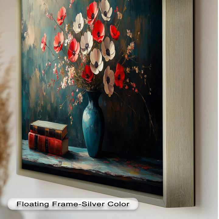 Vibrant Floral Vase with Books – Botanical Oil Paintings