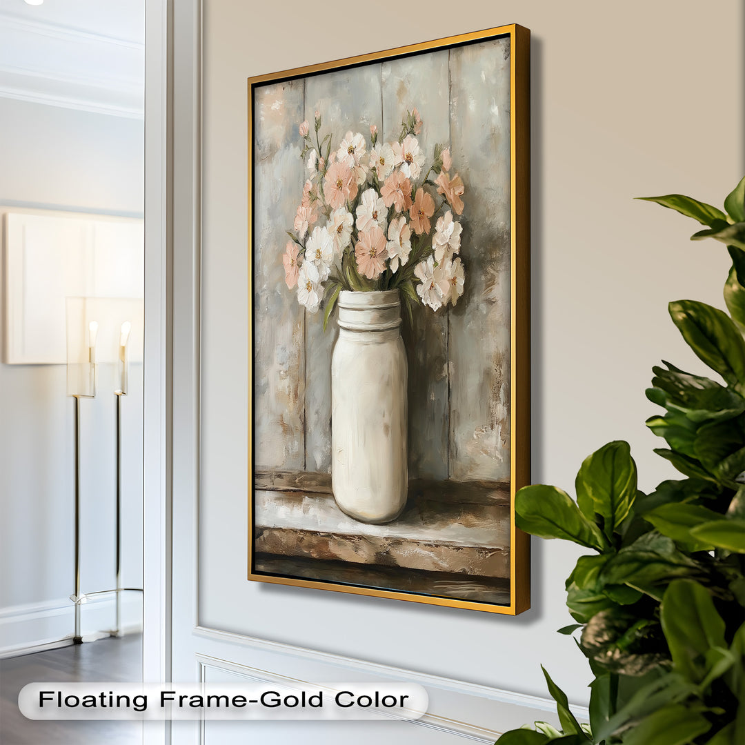 Blush & Cream Blooms – Rustic Mason Jar Flower Oil Painting