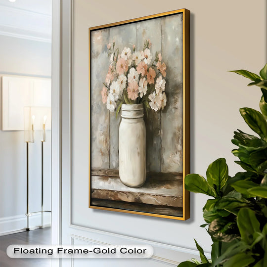 The mood evoked is serene with this modern oil painting art of blush and cream blooms in a rustic mason jar, offering a calming floral presence.
