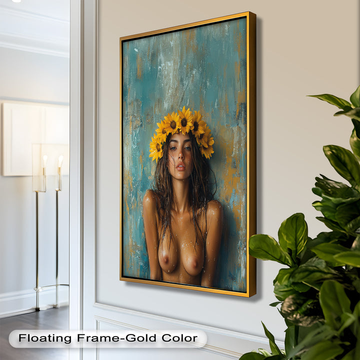 Sun-Kissed Solstice – Woman with Sunflower Crown Abstract Oil Painting