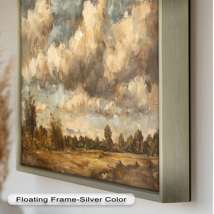 Weite Landschaft mit grauen Wolken – Ruhige Natur Ölgemälde