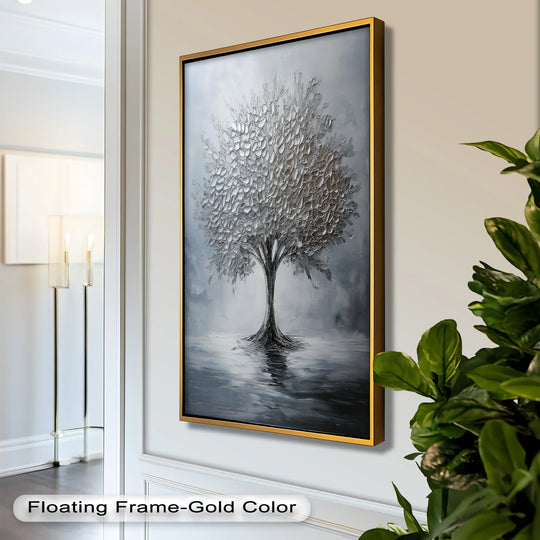 The transition between colors highlights the monochrome silver stillness in this tree's abstract oil painting artwork, with hues blending seamlessly across its textured leaves and reflective water.