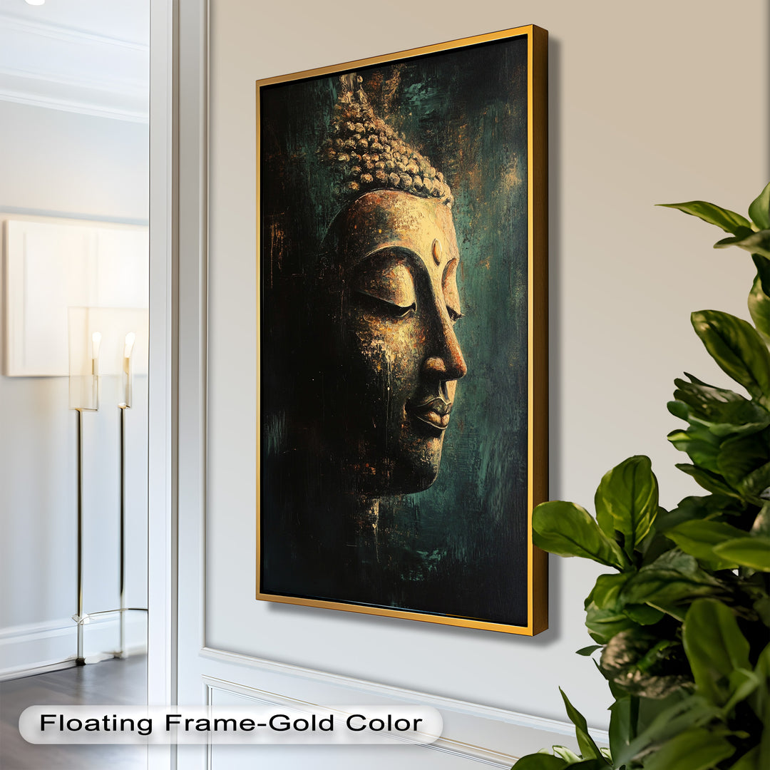 A serene side profile of a golden Buddha statue set against a dark, textured background, radiating peace and mindfulness.