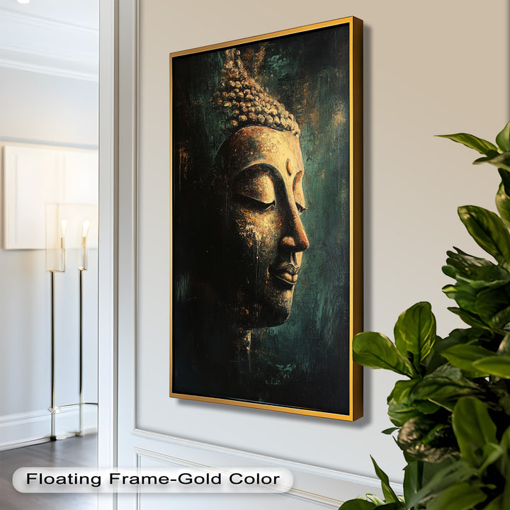 A serene side profile of a golden Buddha statue set against a dark, textured background, radiating peace and mindfulness.