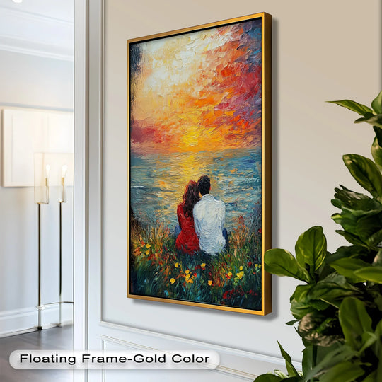 Highlighting the layering effect, this impressionist Lovers at Sunset oil painting reproduction print shows the sky, sea, and figures in depth.