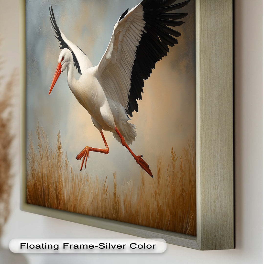 Stork in Flight over Golden Grasses – Animal Oil Painting