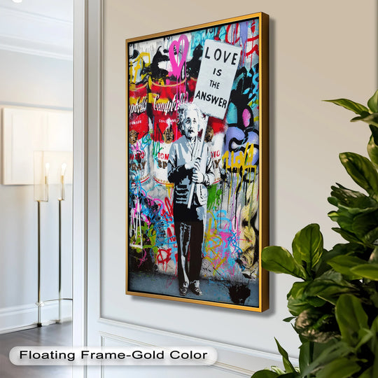 Foregrounded by vibrant graffiti and the 'Love is the Answer' sign, this Banksy-style Einstein protest oil painting decoration adds rebellious sophistication to home decor.