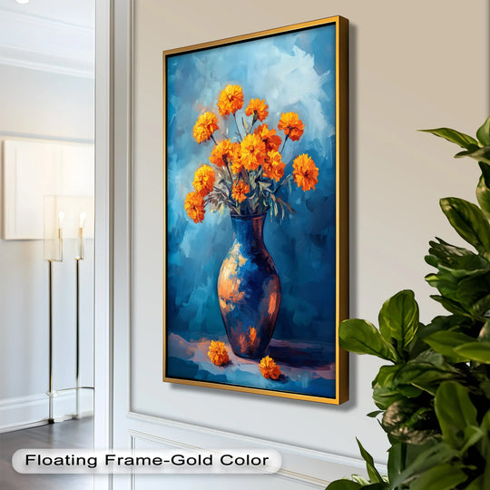 Visual rhythm is created through the repetition of orange marigolds in this modern oil painting art, balanced by the dark blue vase and background.