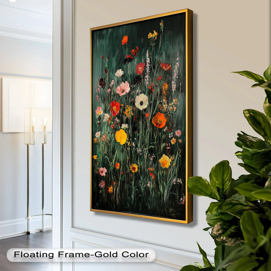 Foreground details capture the vibrant textured brushstrokes of this 'Wild Meadow Bloom' oil painting, showcasing colorful field flowers in a stunning oil painting home decor piece.