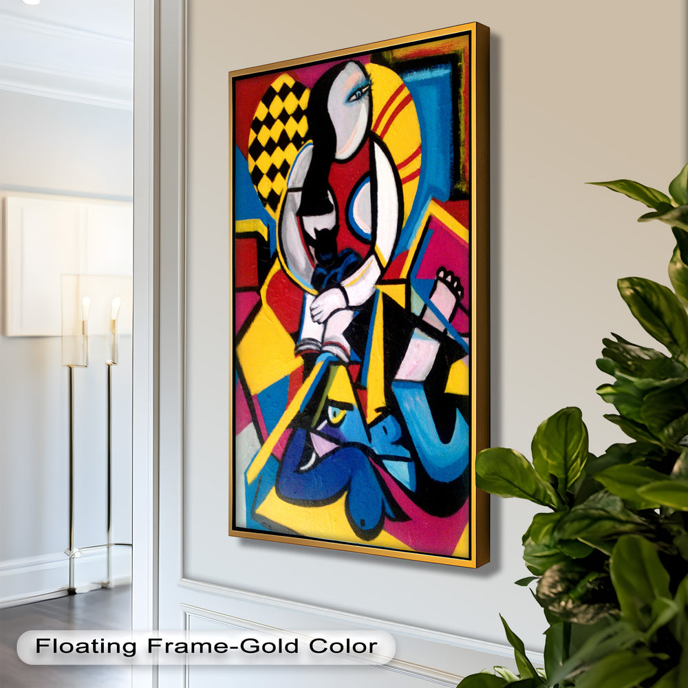 A modern abstract painting featuring a stylized female figure and cat, rendered in a dynamic palette of yellow, red, blue, and black.