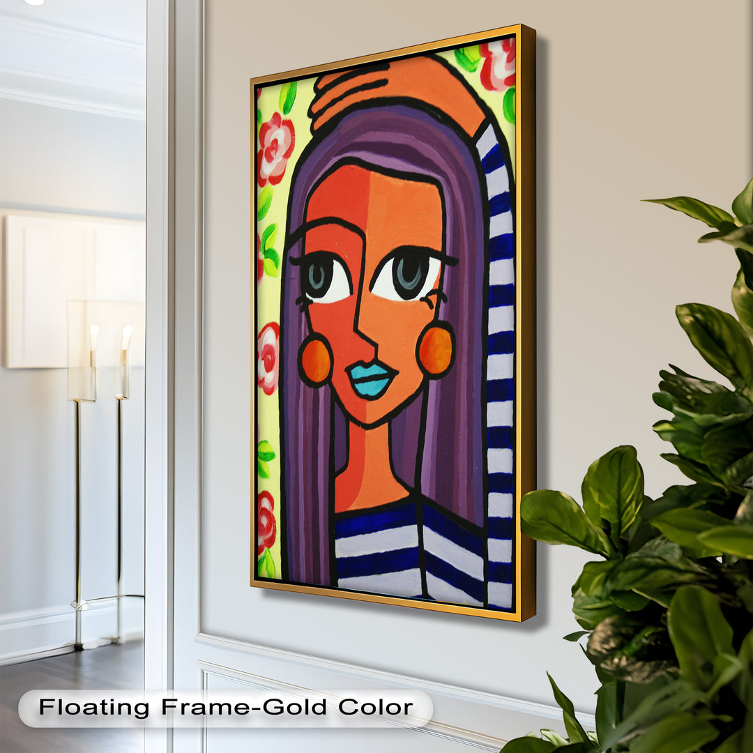Striped Radiance – Playful Woman with Purple Hair Picasso Oil Painting