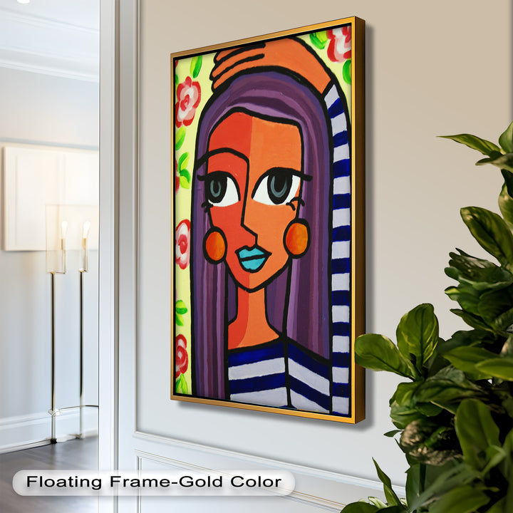 Striped Radiance – Playful Woman with Purple Hair Picasso Oil Painting