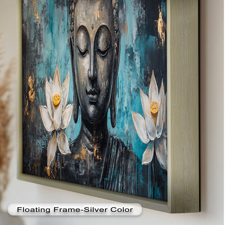 Teal Buddha with Lotus Flowers – Religious Oil Painting