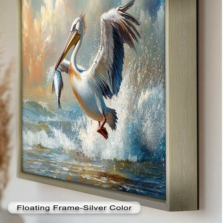 Pelican Catching Fish in Ocean Surf – Animal Oil Painting