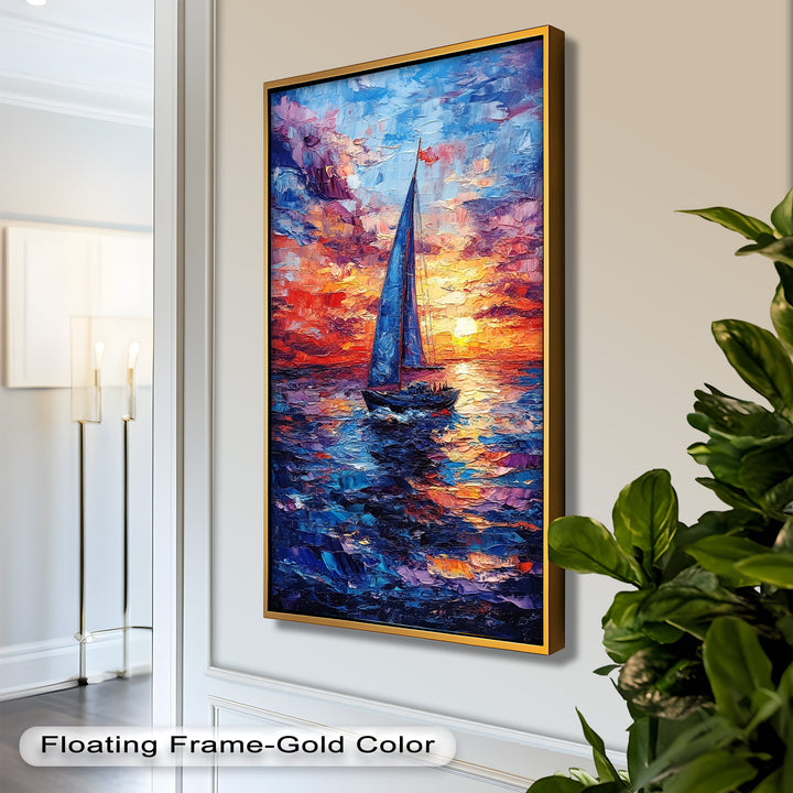 Crimson Horizon – Sunset Voyage Boat Oil Painting