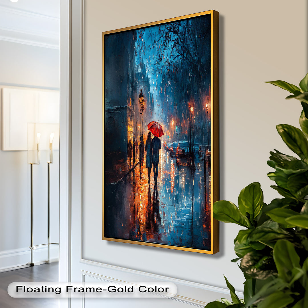 Lovers in the Rain – Romantic Night Street Oil Painting