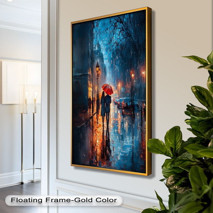 Lovers in the Rain – Romantic Night Street Oil Painting