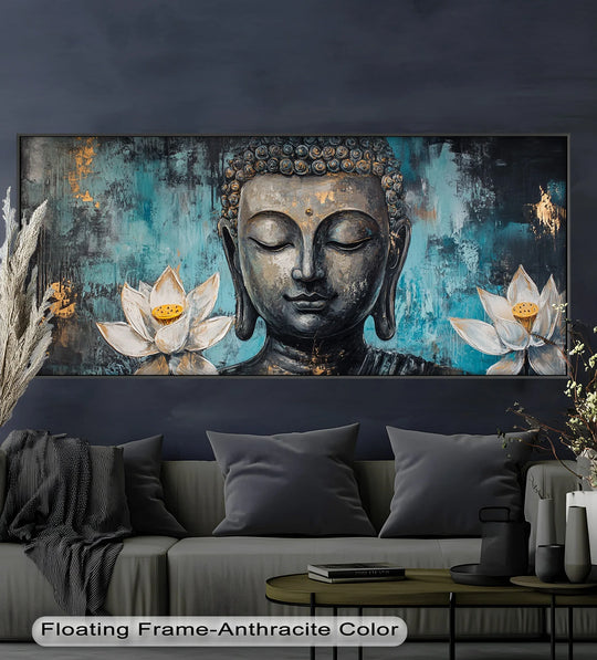 A serene painting of Buddha with closed eyes, surrounded by blooming white lotus flowers against a textured teal and gold background.