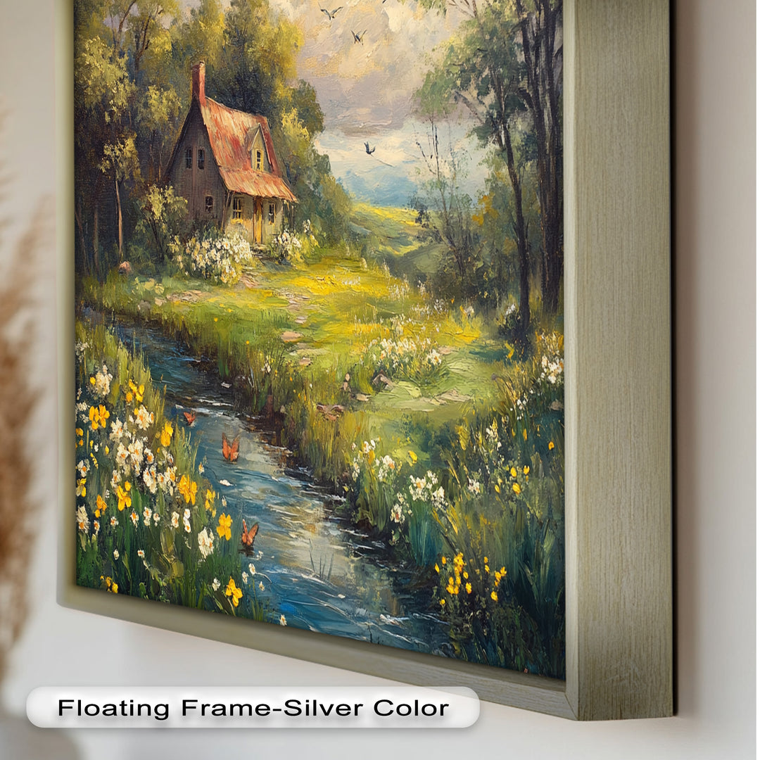 Vintage Frühlingslandschaft – Gerahmtes Ölgemälde