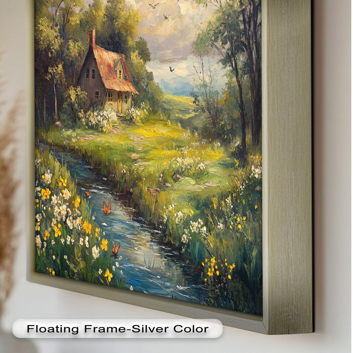 Vintage Frühlingslandschaft – Gerahmtes Ölgemälde