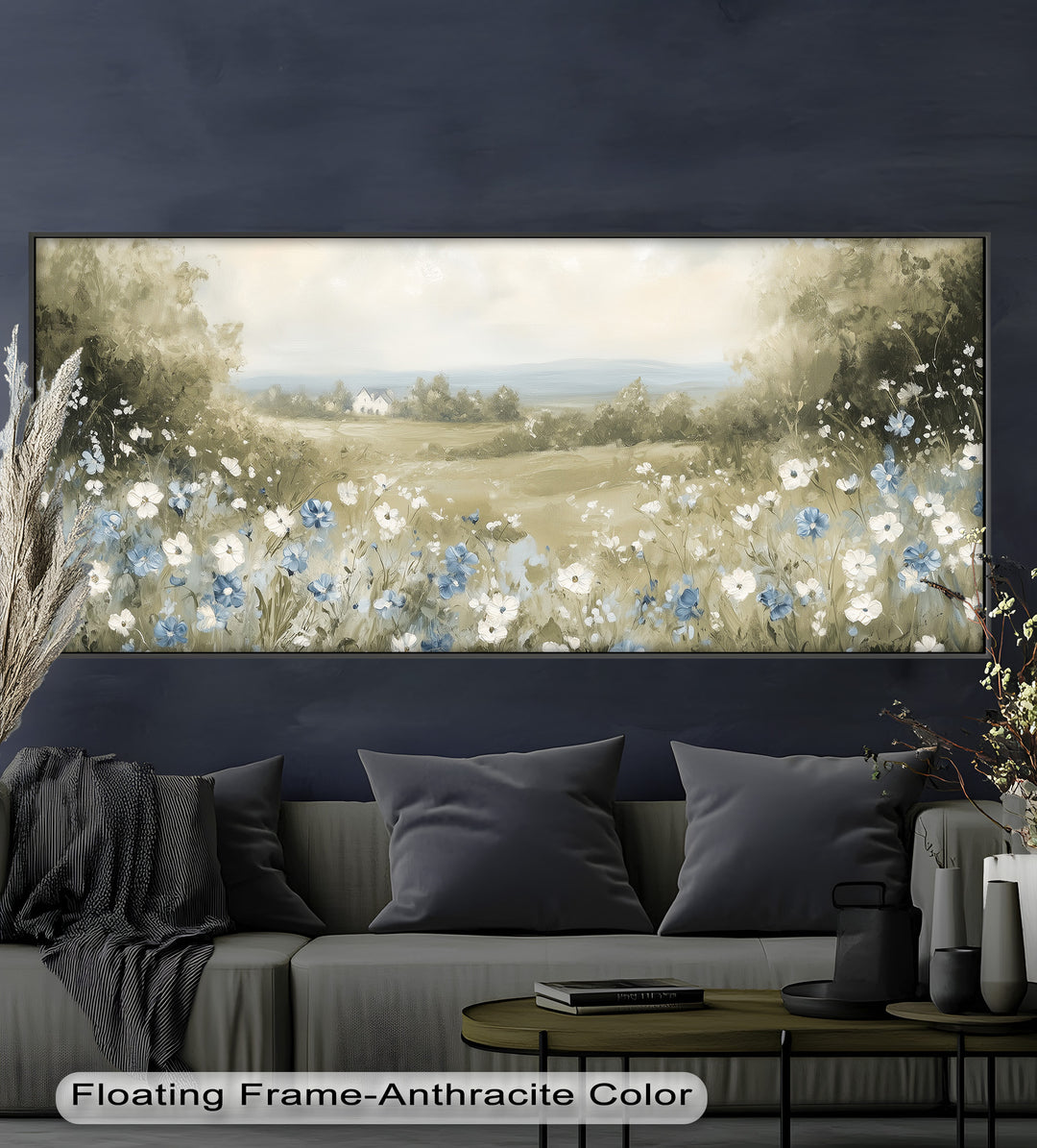 The blurred horizon and gentle blooms create a peaceful, storybook-like scene ideal for serene and romantic spaces.