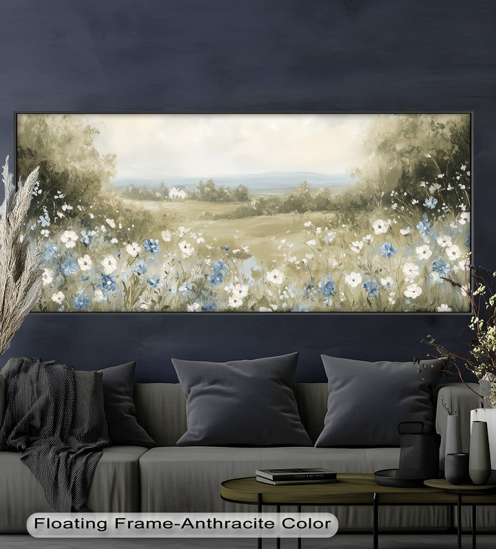 The blurred horizon and gentle blooms create a peaceful, storybook-like scene ideal for serene and romantic spaces.