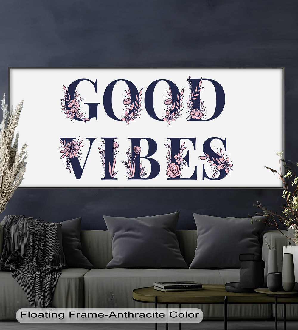 Cheerful Oil Painting for Modern Interiors – “Good Vibes” Botanical Typography