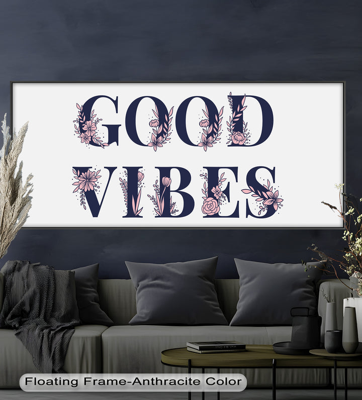 Cheerful Oil Painting for Modern Interiors – “Good Vibes” Botanical Typography
