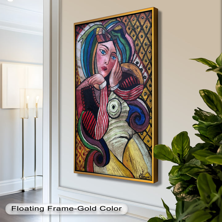 Melancholy in Stripes – Colorful Cubist Woman Portrait Picasso Oil Painting