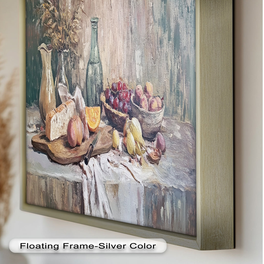 Rustic Fruit & Bread Still Life – Framed Oil Painting