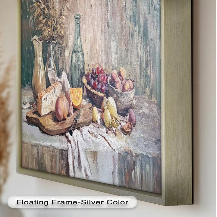 Rustic Fruit & Bread Still Life – Framed Oil Painting