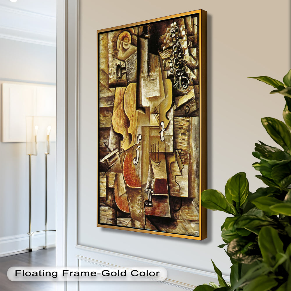 An abstract composition with a deconstructed string instrument, depicted through intersecting planes and earthy tones.
