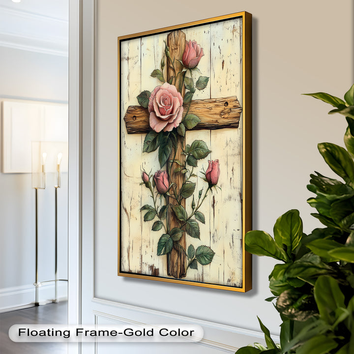 Rosen der Gnade – Religiöses Ölgemälde mit Kreuz und Blume