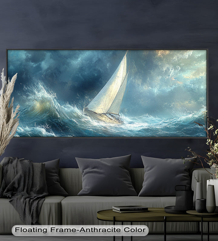 Into the Surge – Sailboat Battling Ocean Waves Oil Painting
