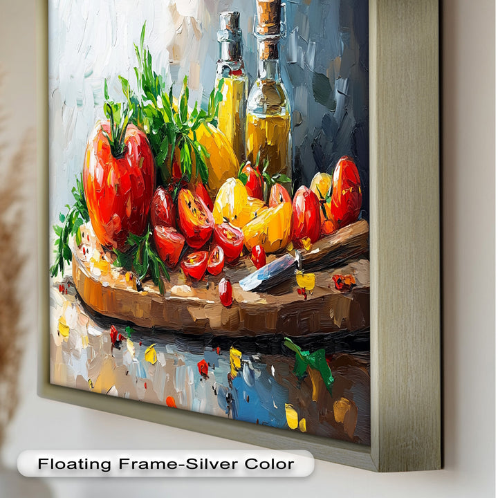 Tomato & Olive Oil Kitchen Art – Colorful Framed Oil Painting