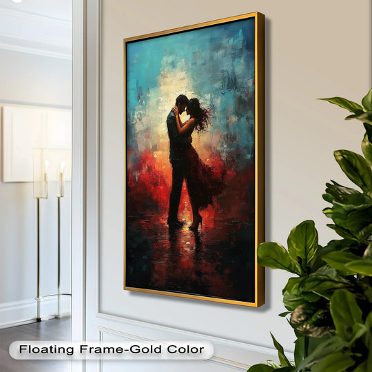 Bathed in intense reds and blues, the oil painting decoration highlights a couple in a passionate embrace in this romantic oil painting.
