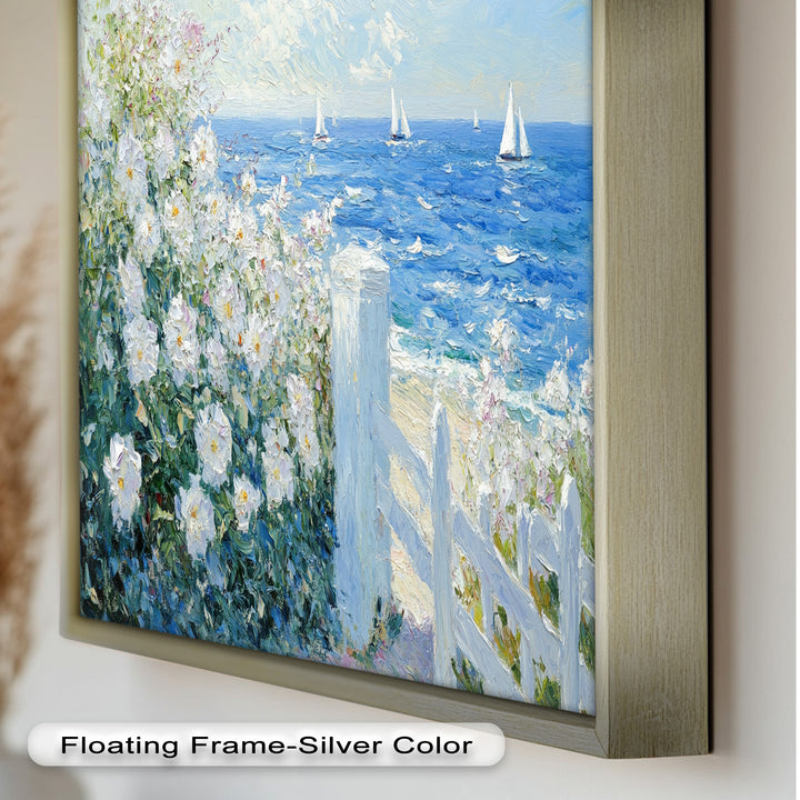 White Rose Garden with Sailboats – Impressionist Oil Painting