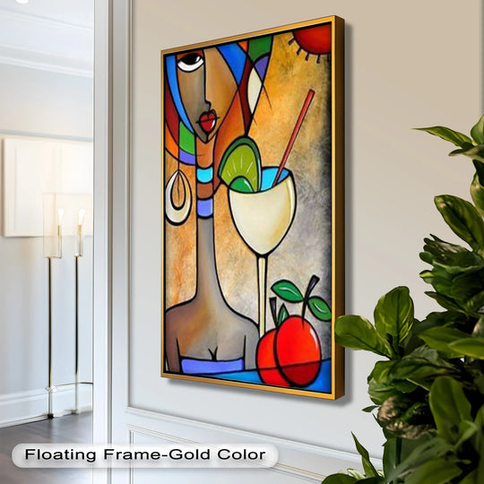 Vertical, rectangular Tropical Gaze oil painting adds oil painting home decor to your space with its vibrant portrayal of a cocktail muse in the style of Picasso.