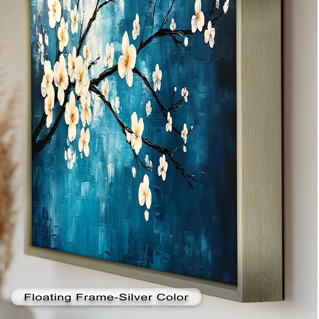 White Blossoms on Blue Wall Art – Floral Oil Painting