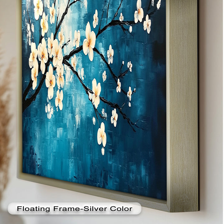 White Blossoms on Blue Wall Art – Floral Oil Painting