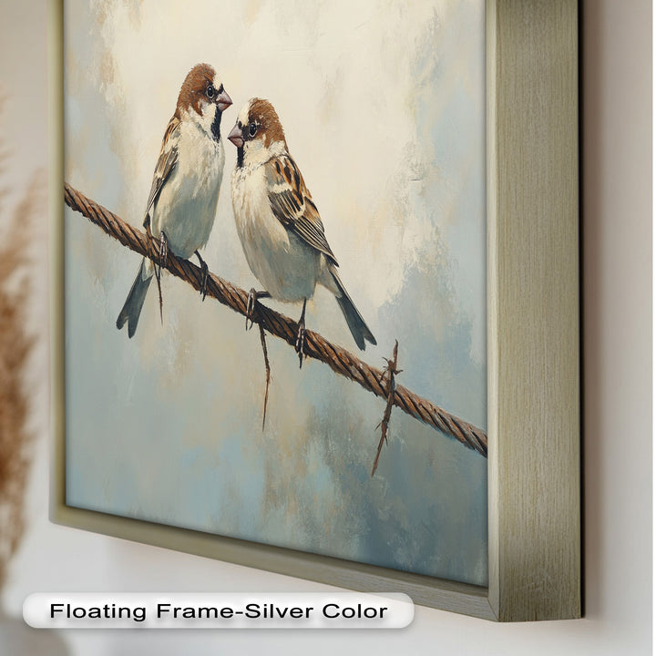 Two Sparrows on a Wire – Bird Oil Painting