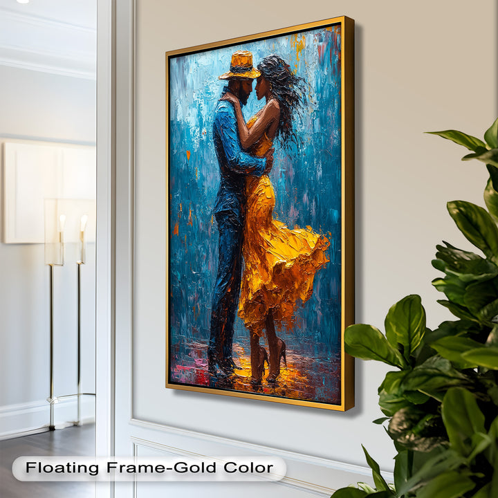 Midnight Embrace – Vibrant Couple in Yellow Dress Oil Painting