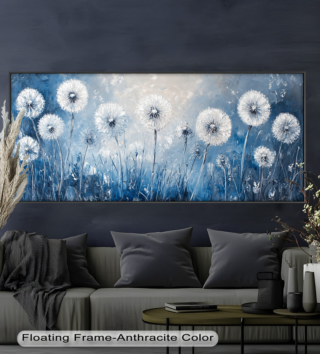 An impressionistic floral scene with whimsical white dandelions rising from textured blue grass under a soft sky.