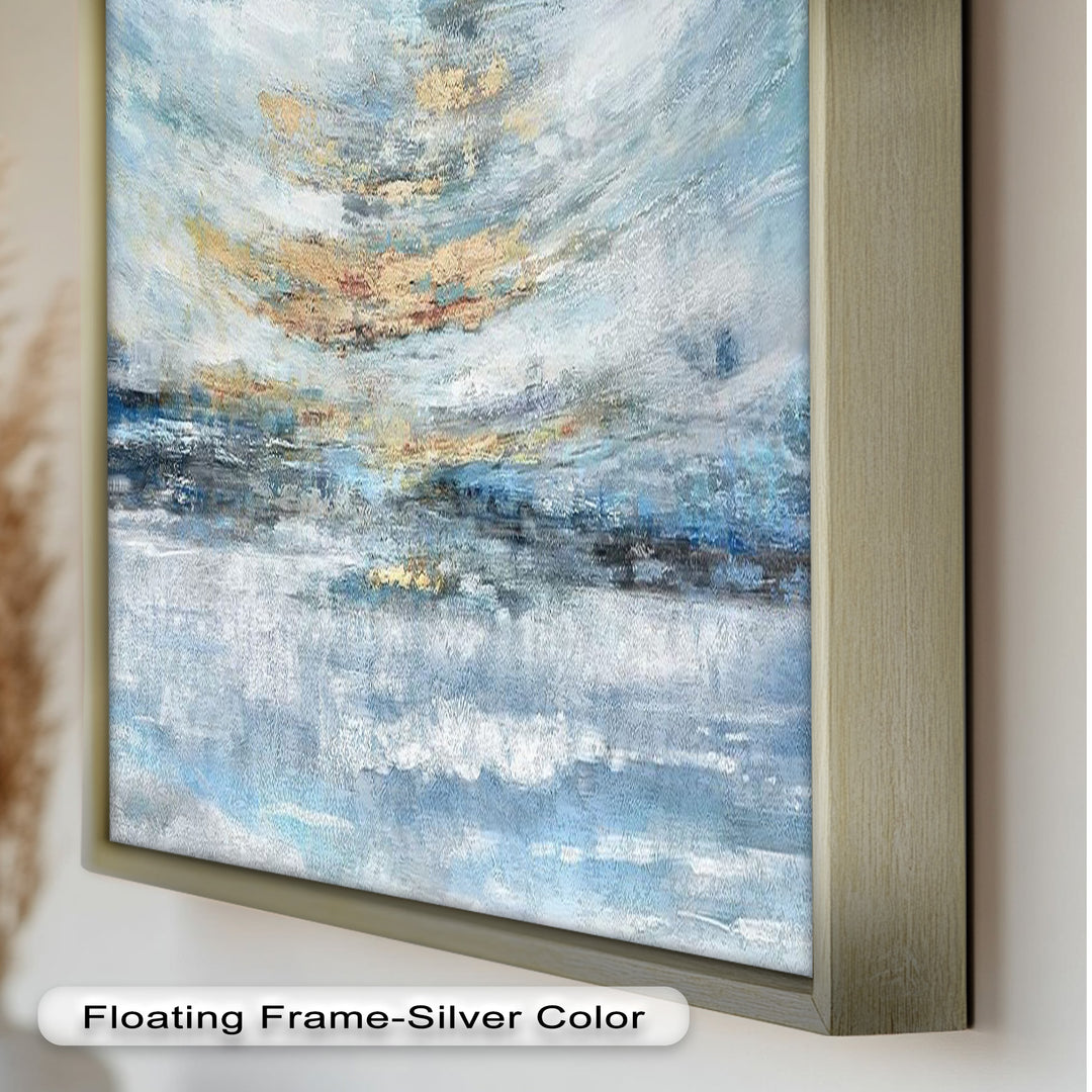 A minimalist abstract painting with layered hues of blue and white, subtly accented with gold, perfect for adding a touch of elegance and tranquility to any space.