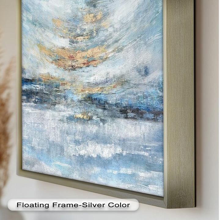 A minimalist abstract painting with layered hues of blue and white, subtly accented with gold, perfect for adding a touch of elegance and tranquility to any space.