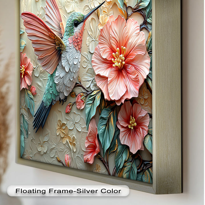 Spring Hummingbird with Pink Flowers – Framed Oil Painting