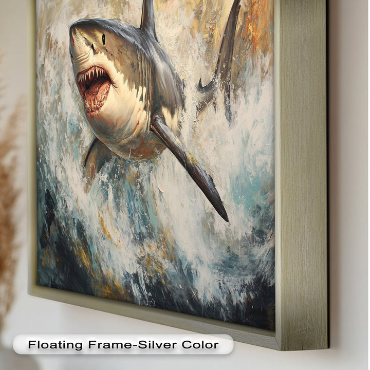 Ferocious Great White Shark Leaping Through Waves - Animal Oil Painting