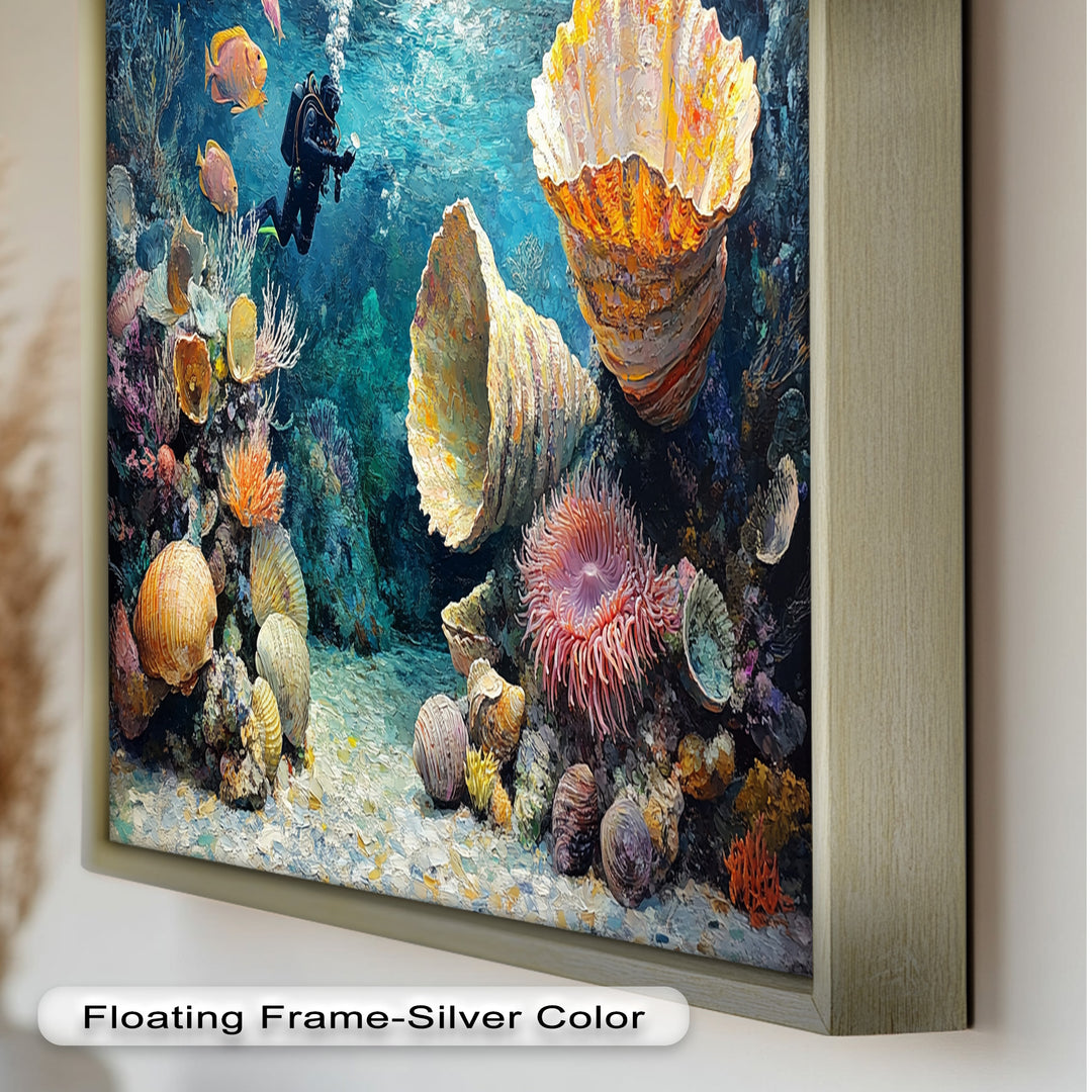 Diver Exploring Coral Reefs with Giant Shells - Animal Oil Painting